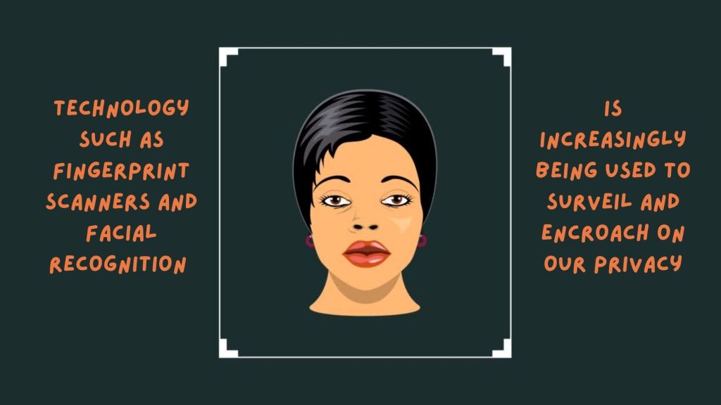 A graphic of a beautiful Black person with a short haircut, red lips and earrings, framed in a 'crop' square on a black background. Text around it says: Technology such as fingerprint scanners and facial recognition is increasingly being used to surveil and encroach on our privacy