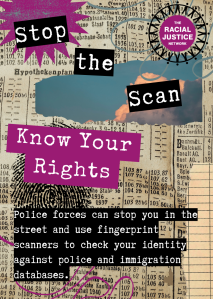 Stop the Scan Know Your Rights - text on a background of newspaper text with a fingerprint.

Text: Police forces can stop you in the street and use fingerprint scanners to check your identity against police and immigration databases